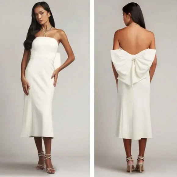 Tadashi Shoji Ivory Parmer Strapless Bow Back Sheath Midi Dress